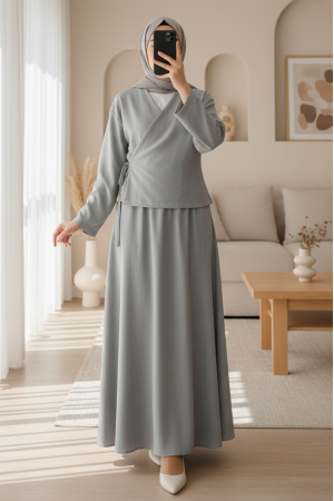 Yandan Bağlamalı Etekli Keten Takım -Gri