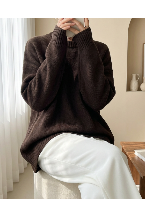Round  Neck Loose Knit Sweater   -Dark Coffee