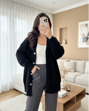 V Neck Buttoned Knitted Cardigan -Black