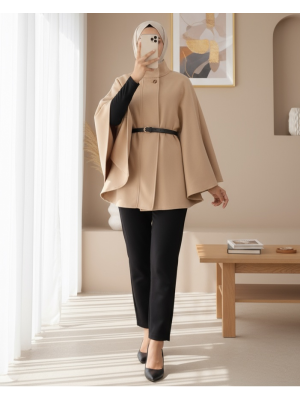 Tek Düğme Kemerli Panço -Vizon