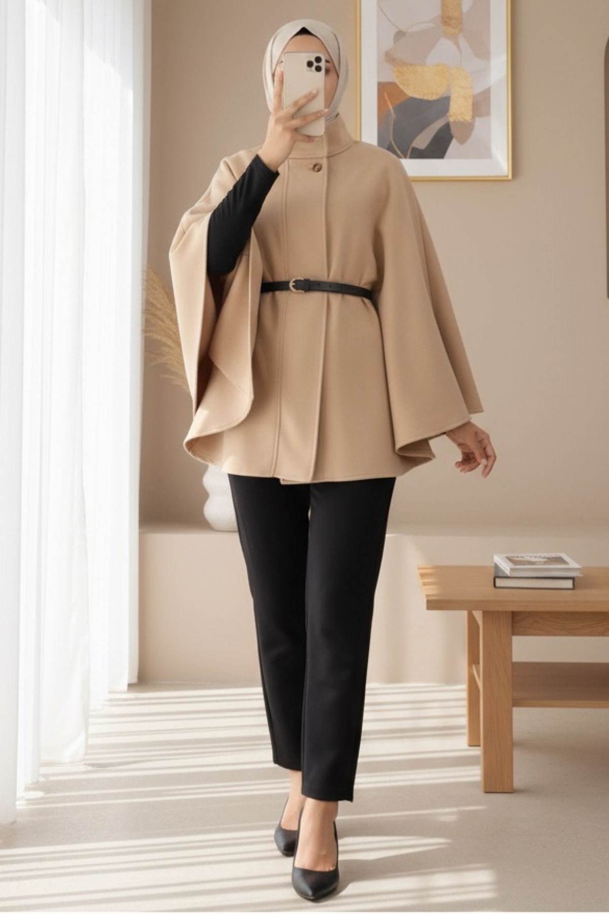 Single Button Belted Poncho -Mink color