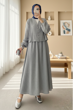 Kolu Bağlamalı Önü Düğmeli Etekli Takım    -Füme