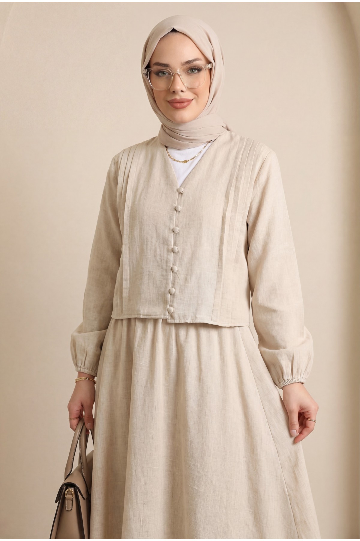 V-Neck Button-Front Pleated Detail Linen Suit -Stone