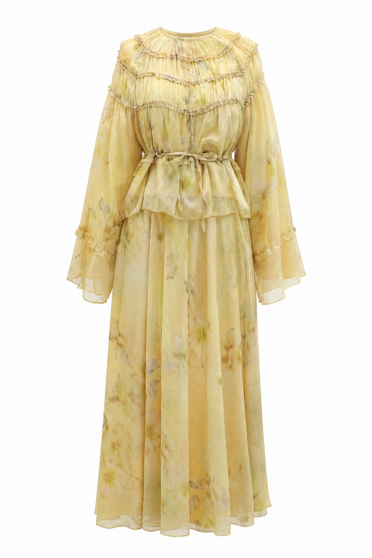 Wide-Sleeved, Over-Sleeved, Patterned, Lined Chiffon Set with Gipel Skirt -Oil Green detay görseli