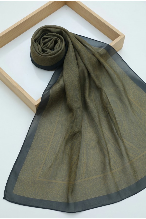 Ethnic Patterned Voile Scarf -Mustard