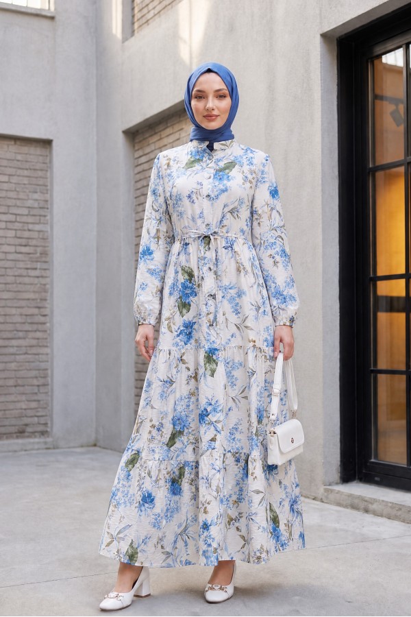 Mandarin Collar Half-Button Mixed Patterned Polycotton Dress with Elasticated Sleeves -İndigo