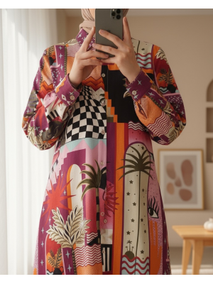 Baskılı Uzun Tunik -Turuncu