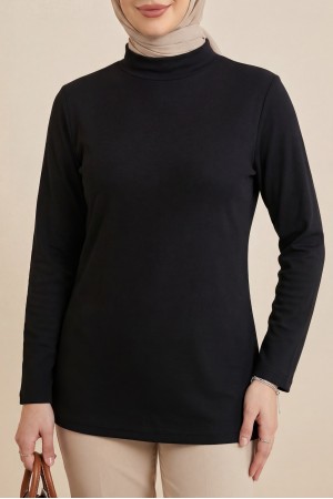 Half Turtleneck Long Sleeve Blouse -Black