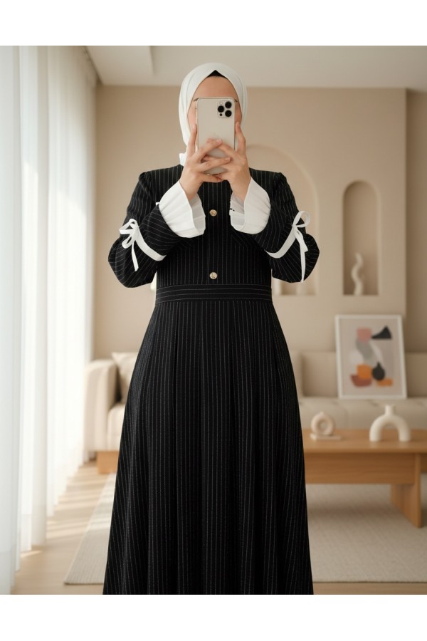 Pleated Dress with Padded Shoulders, Laced Sleeves, Button Detail and Pocket -Black