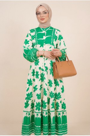 Yarım Düğmeli Kolu Lastikli Desenli Elbise -Yeşil