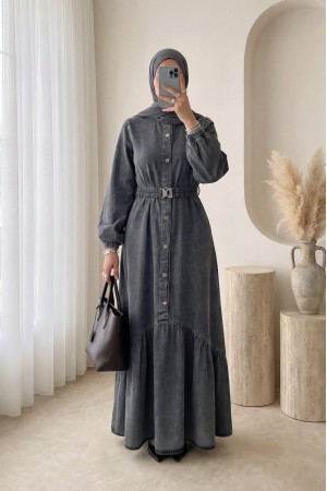 Lastik Kemerli Düğmeli Uzun Kot Elbise -Füme