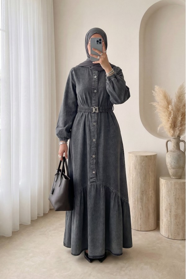 Long Denim Dress with Elastic Waistband and Button Closure -Smoked 
