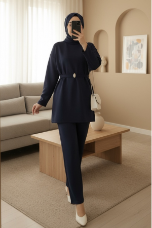 Yuvarlak Yaka Beli Kemerli Scuba Takım -Laci