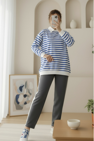 Yan Çizgili Bisiklet Yaka Sweat   -İndigo