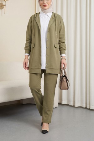 Kapşonlu Kapaklı Cepli Pantolonlu Takım -Haki