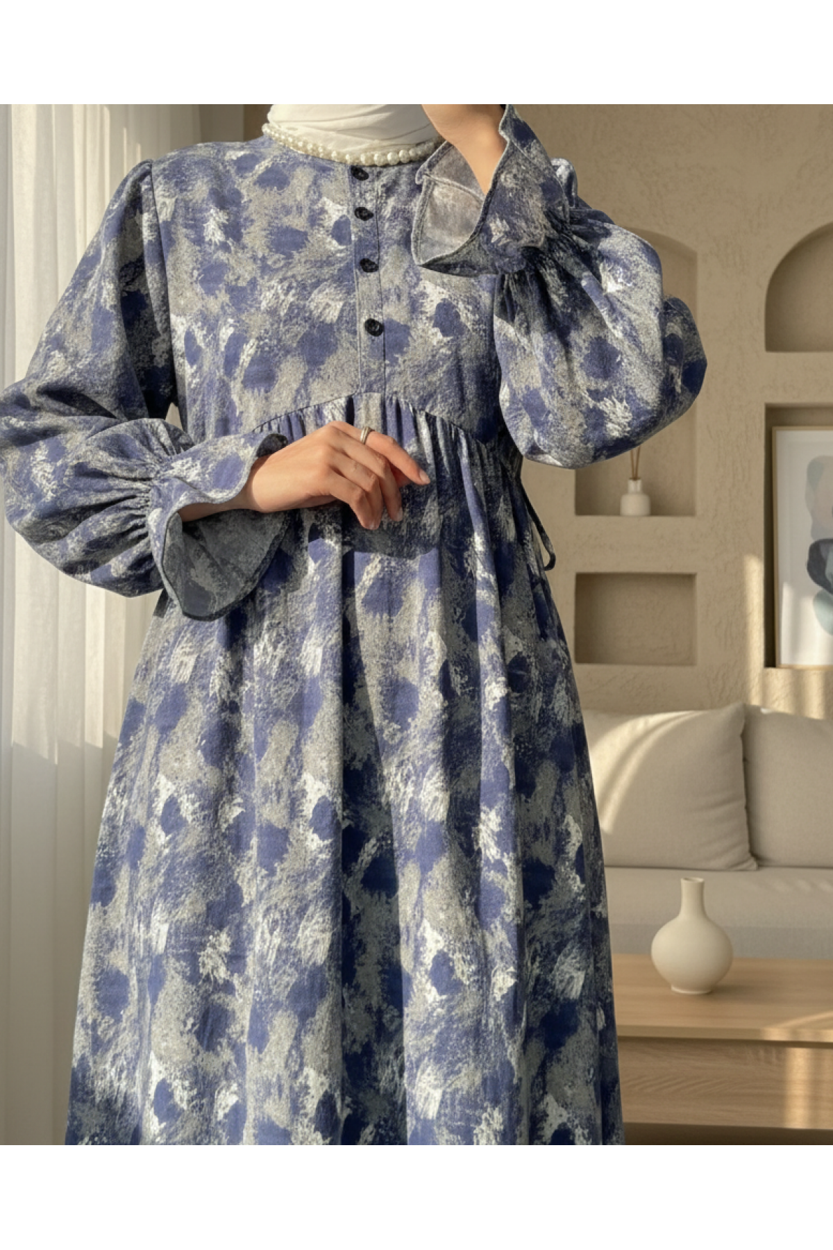 Half Buttoned Waist Tied Patterned Dress -İndigo