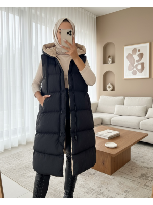 Kapşonlu Çift Taraflı Şişme Yelek -Siyah