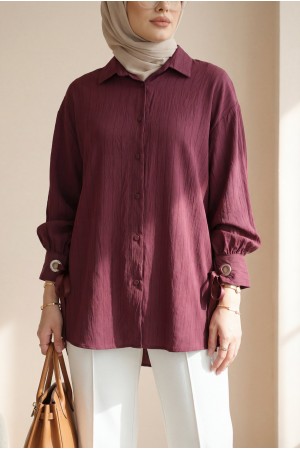 Kolu Bağcıklı Çizgi Desen Çilek Gömlek -Bordo