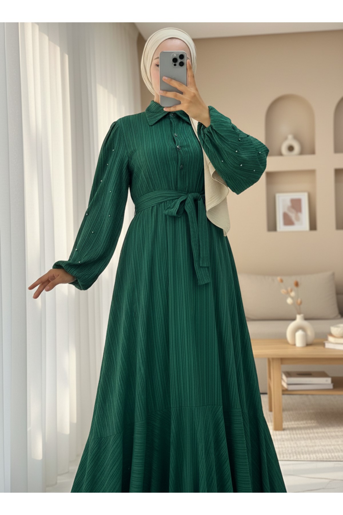 Pearl Detailed Balloon Sleeve Skirt Flounce Half Button Dress -Emerald