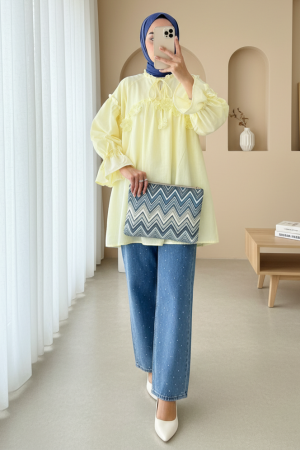 Yakası Ve Kolları Bağlamalı Önü Çiçek Detaylı Ham Keten Gömlek -Açık Sarı