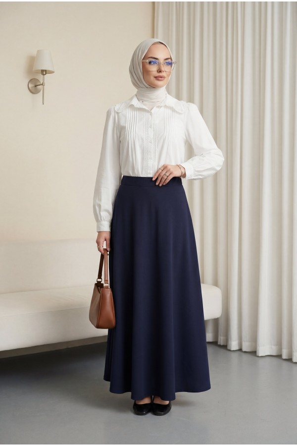 Önü Fistolu Plise Detaylı Poplin Gömlek Bluz -Beyaz