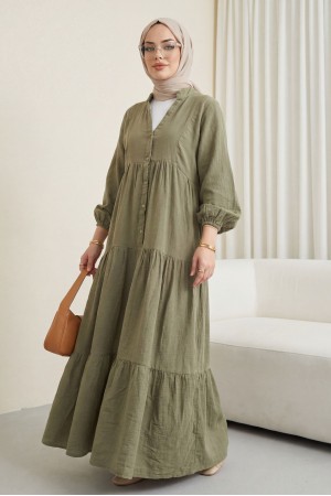V Yaka Yarım Düğmeli Kolu Lastikli Parçalı Müslin Elbise -Haki