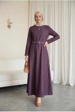 Kloş Etekli Fermuarlı Kemerli Kot Elbise -Mürdüm
