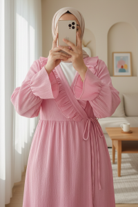 Önü Fırfırlı Bağlamalı Krinkıl Kimono   -Pembe