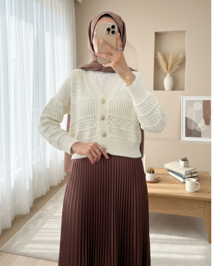Openwork Buttoned Knitted Cardigan -Cream color