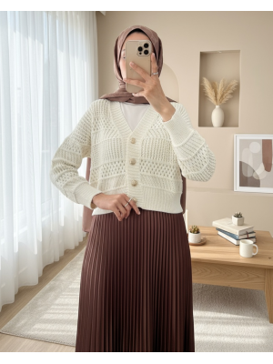 Ajurlu Düğmeli Triko Hırka -Krem