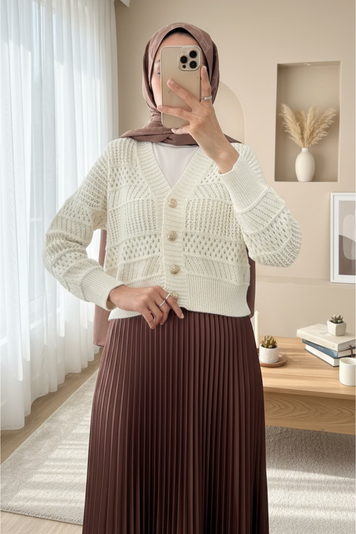 Openwork Buttoned Knitted Cardigan -Cream color