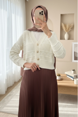 Ajurlu Düğmeli Triko Hırka -Krem