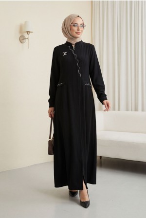 Broşlu Büyük Beden Ferace Siyah HM2843