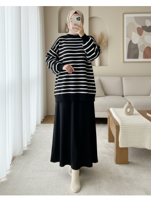 Dik Yaka Balon Kol Triko Tunik -Siyah