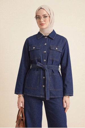 Beli Kemerli Cepli Önü Düğmeli Kot Takım   -Laci