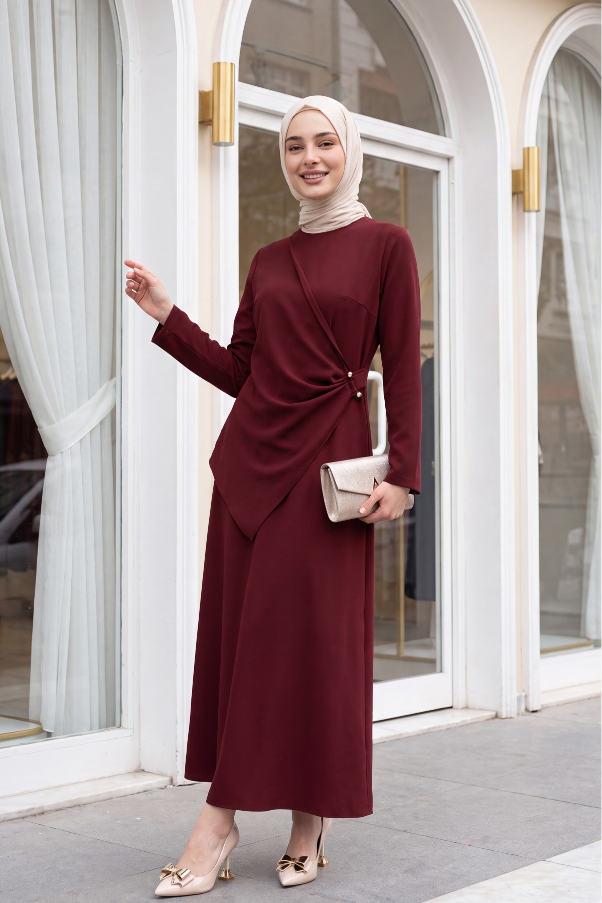 Cross Buckle Round Neck Imported Crepe Dress -Maroon