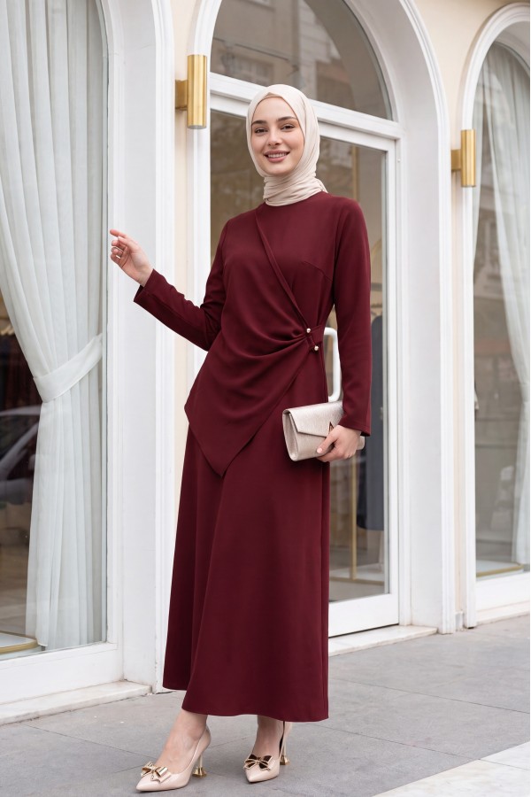 Cross Buckle Round Neck Imported Crepe Dress -Maroon
