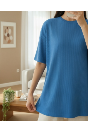 Bisiklet Yaka Fitilli Yırtmaçlı Tişort -Mavi