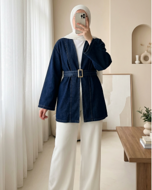 Denim Kimono with Waist Belt -Navy blue