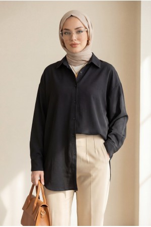 Düğmeli Salaş Viskon Gömlek -Siyah