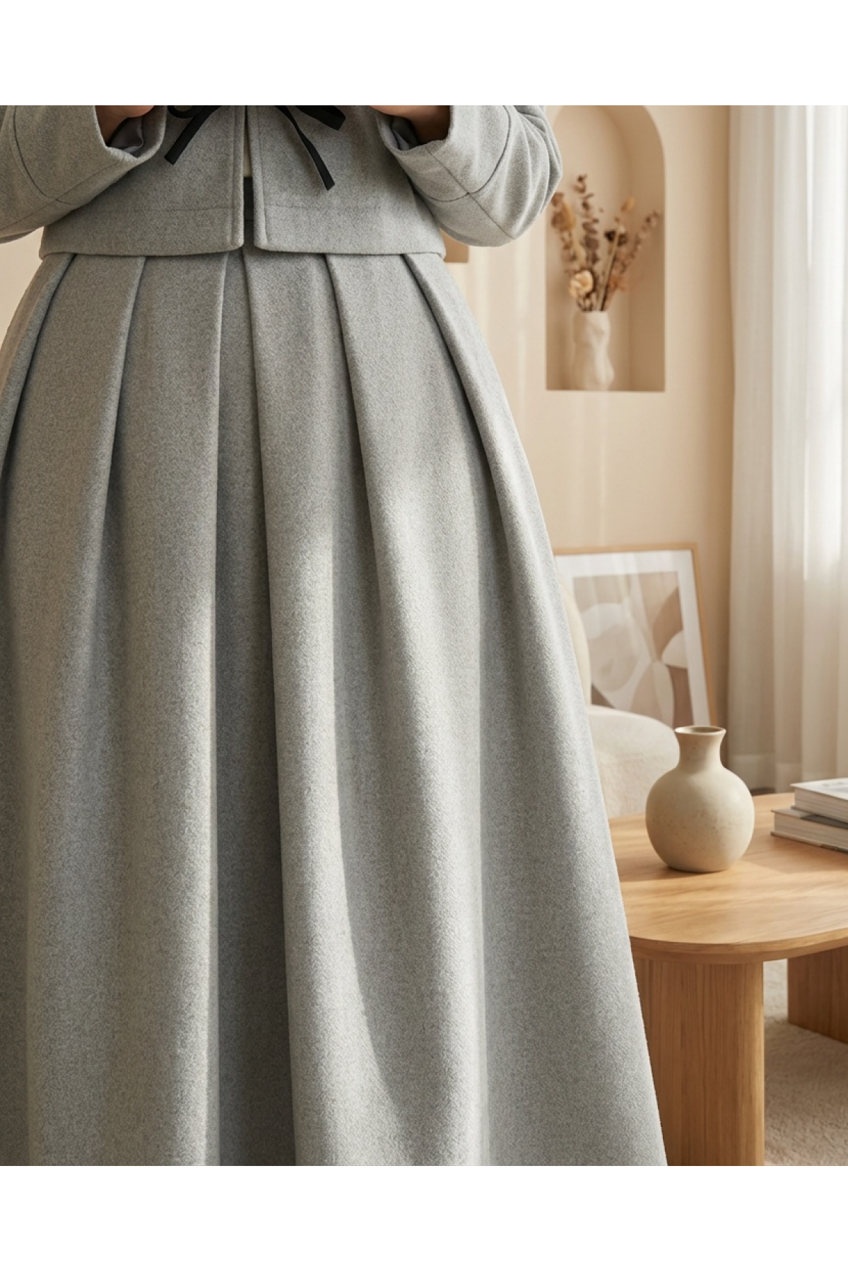 Pleated Zippered Cashmere Skirt    - Light grey