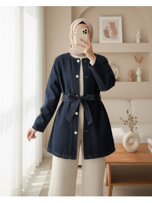 Belted Buttoned Round Neck Denim Jacket -dark lacquer