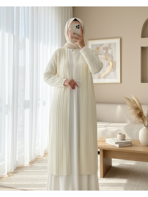 Yırtmaçlı Örgü Desen Uzun Hırka -Beyaz