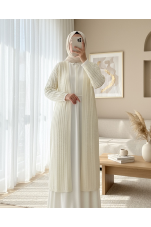 Yırtmaçlı Örgü Desen Uzun Hırka -Beyaz
