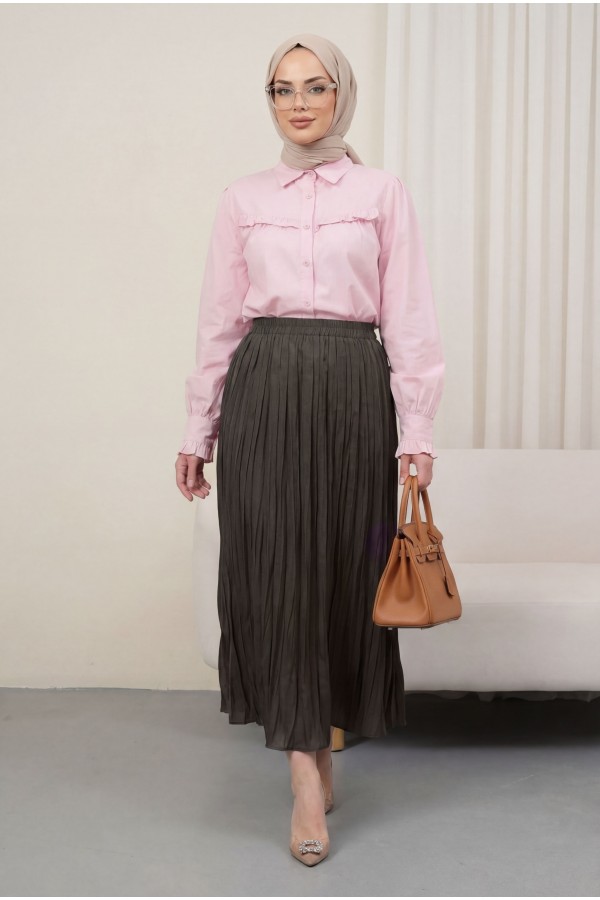 Elastic Waist Flared Skirt   -Dark Coffee