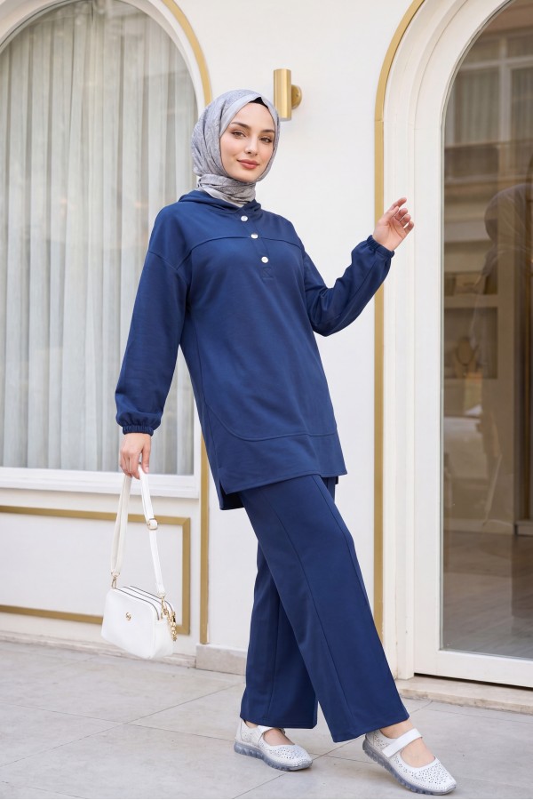 Hooded, Half-Buttoned, Elasticated Cuff Pants with Pockets Oysho Set -Navy blue