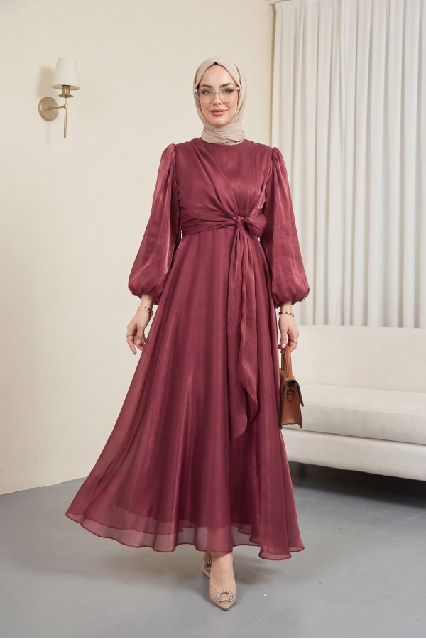 Janjan Fabric Dress with Cross Front Tie Detail  -Maroon