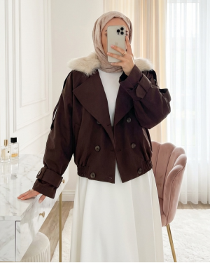 Kruvaze Ceket Yaka Lastikli Şerit Detaylı Kısa Trençkot 