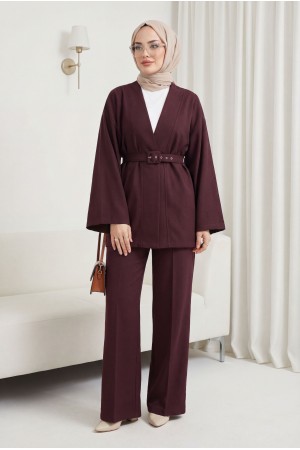 Kemerli Pantolonlu Kimono Takım   -Mürdüm
