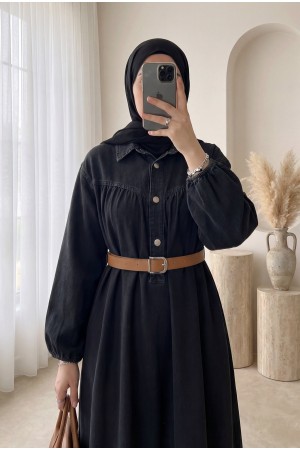 فستان جينز بنصف أزرار وأساور مطاطية وحزام. -أسود
